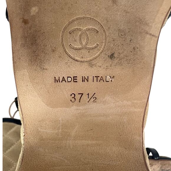 Chanel Coin Medallion Quilted Suede & Leather Heeled Wedge Sandals - Picture 15 of 16